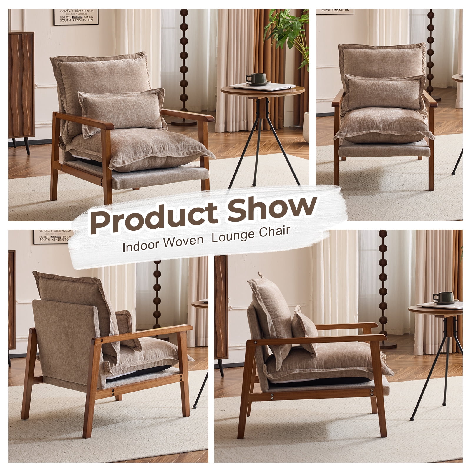 Cloud Shaped Indoor Leisure Chair with Solid Wood Armrest, Chenille Fabric Accent Chair with Lumbar Pillow, Khaki