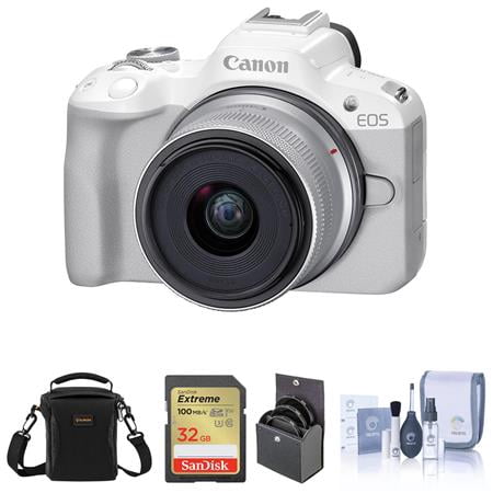EOS R50 Mirrorless Camera, White with RF-S 18-45mm f/4.5-6.3 IS STM Lens, 32GB SD Card, Shoulder Bag, 49mm Filter Kit, Cleaning Kit