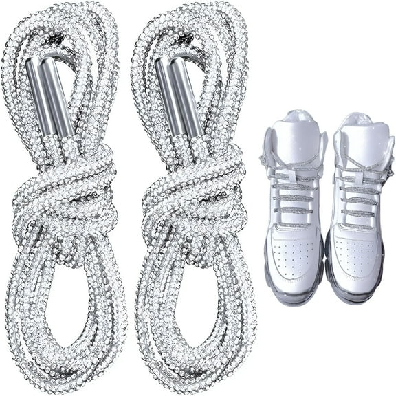 TELOLY 2 Pcs Bling Crystal Shoe Laces | Glitter Rhinestone Round Shoelaces for Women & Men | Sparkle Shiny Sneaker Laces Replacement (47 Inch, Silver)