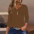 thumbnail image 2 of ZHENHONG T Shirts for Women,Casual 3/4 Sleeve V Neck Button Down Shirt Trendy Solid Loose Fit Pocket Tee,Brown Women Blouses, 2 of 5