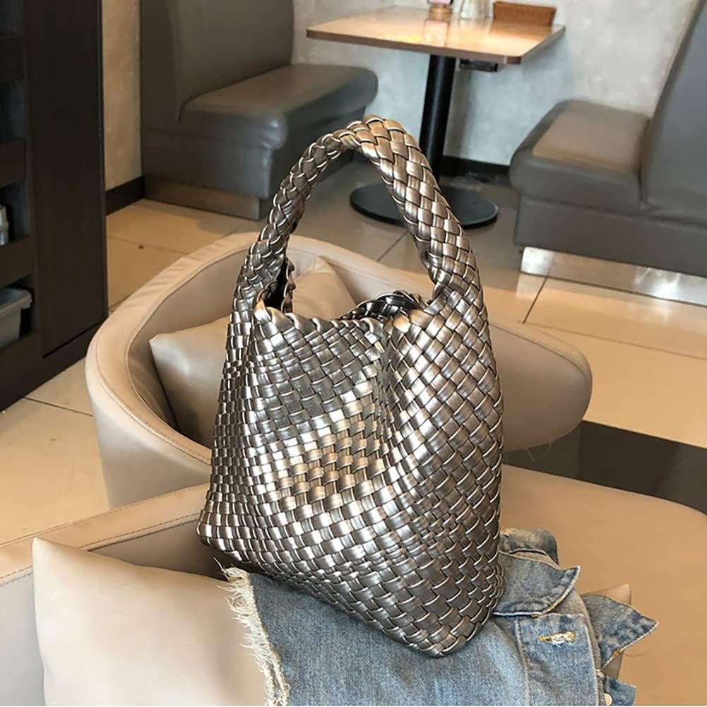 CAILDANL Woven Leather Bags for Women Knoted Women Handbag Designer Shoulder Bucket Purse Handmade Fashion Tote Hobo Bag Small