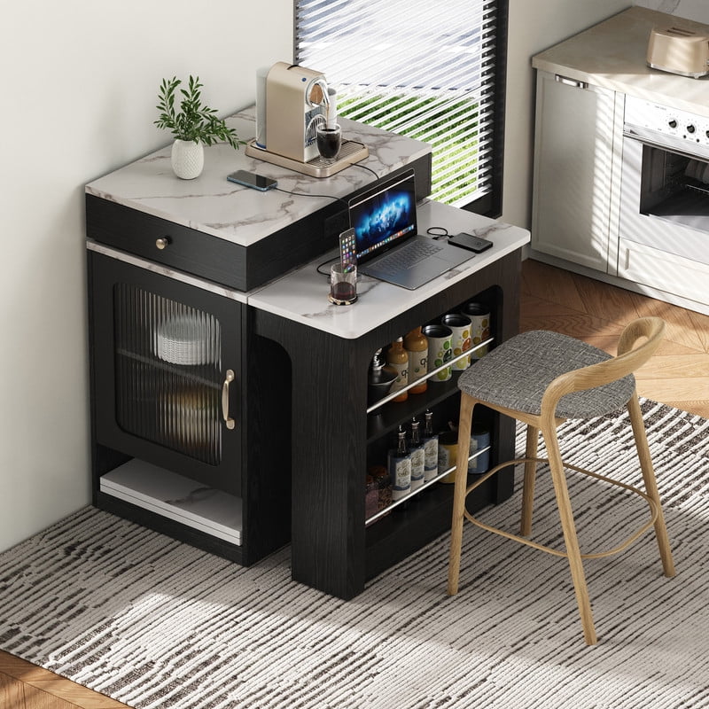 Bellemave 60" Kitchen Island with Extendable Dining Table and Power Outlet, Mobile Kitchen Storage Islands with 2 Storage Drawers, Rolling Islands Cart with Extra Rows Open Shelves（Black)