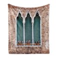 thumbnail image 1 of Venice Soft Flannel Fleece Throw Blanket, Traditional Gothic Style Windows with Flower Pots on Brick Wall, Cozy Plush for Indoor and Outdoor Use, 50" x 60", Pale Brown White Blue, by Ambesonne, 1 of 6