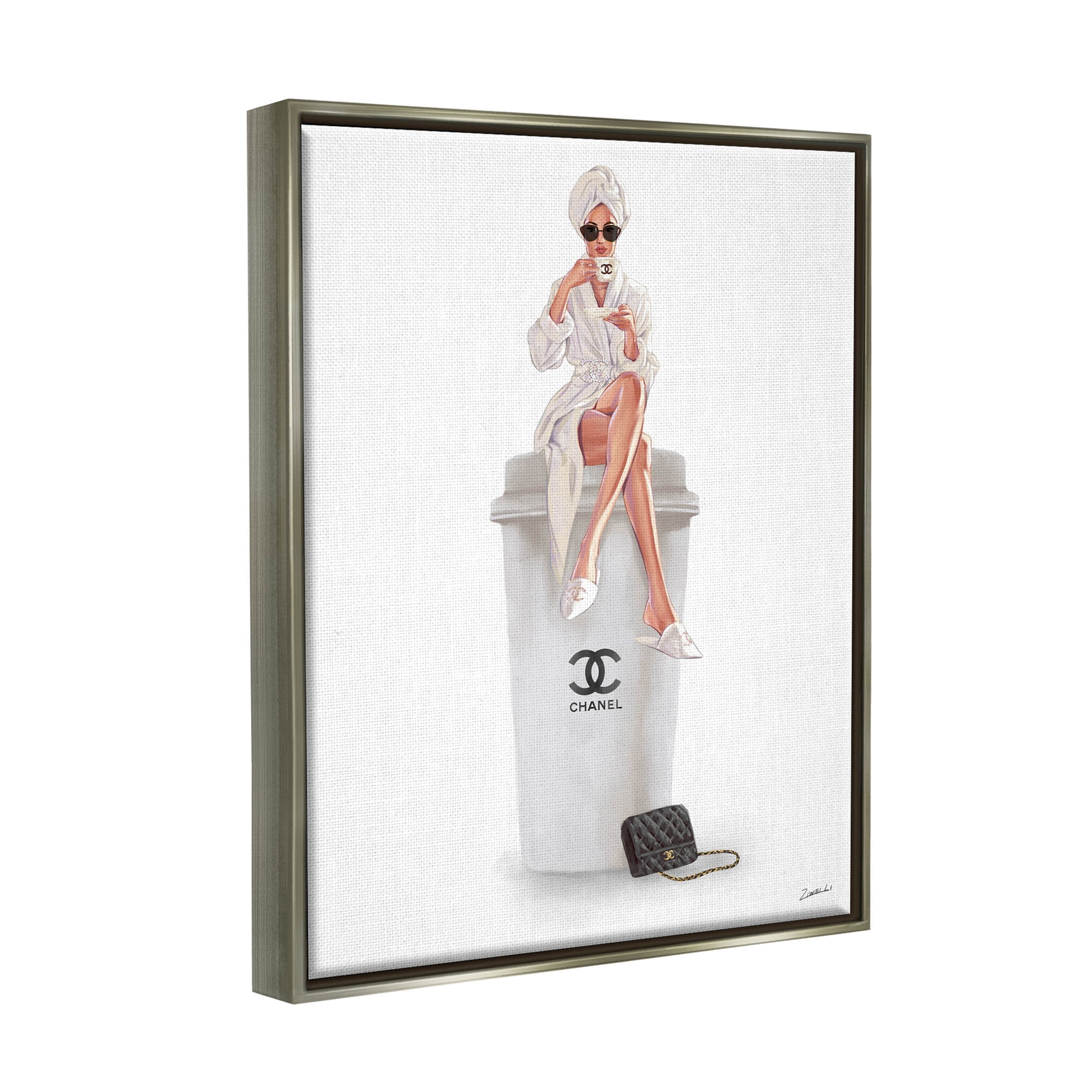 Stupell Industries Morning Brunch Glam Girl Sipping Coffee Graphic Art Luster Gray Floating Framed Canvas Print Wall Art, Design by Ziwei Li