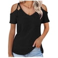thumbnail image 1 of Camiseta de manga corta sólida de verano para mujer con hombros descubiertos y cuello en V informal con cordones OAVQHLG3B Store lin121212, 1 of 5