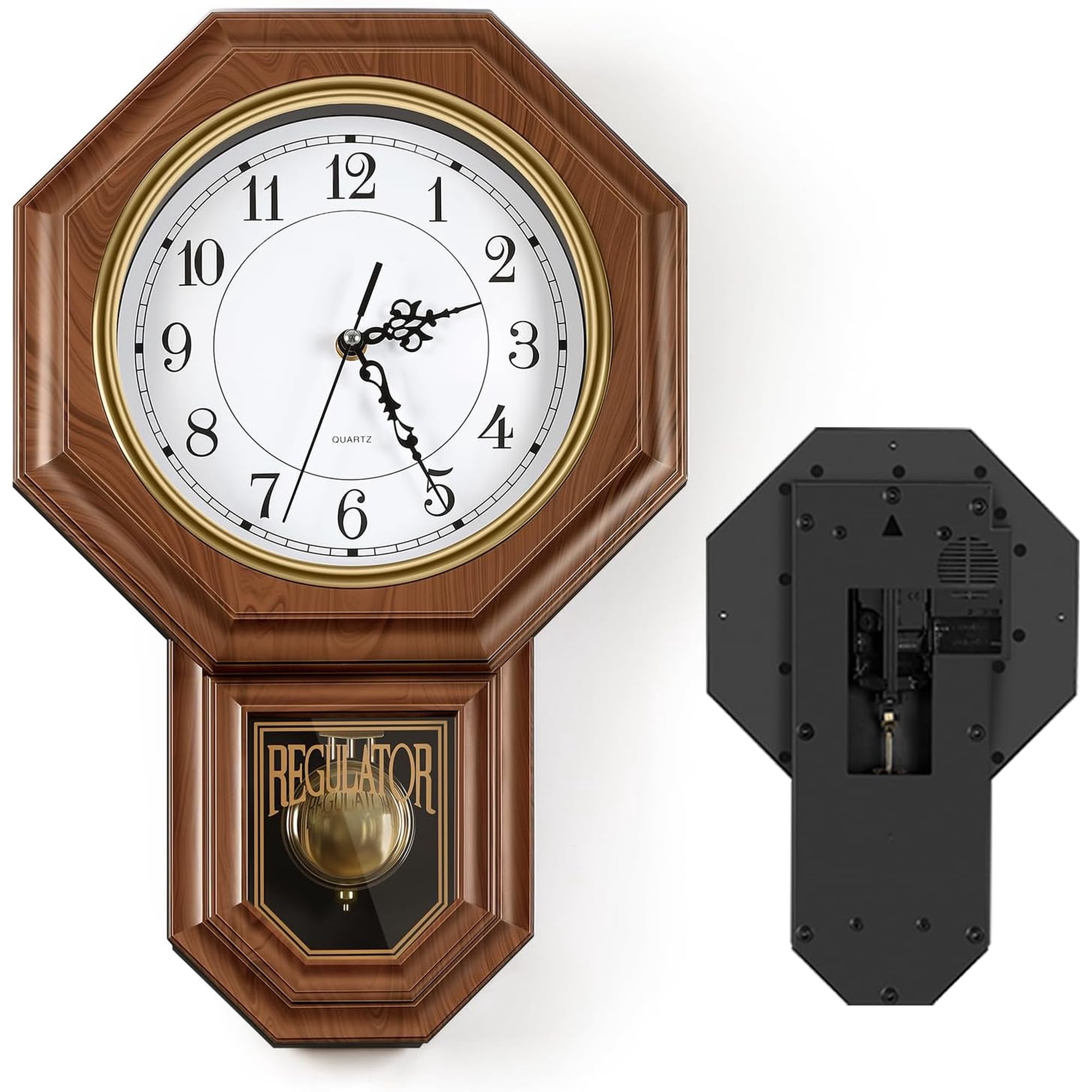 Pendulum Wall Clocks Battery Operated,Regulator wall Clock with Pendulum,Vintage Decorative Grandfather Clock for Living Room,Bedroom,Kitchen,Office,Brown 11.8x17.7in