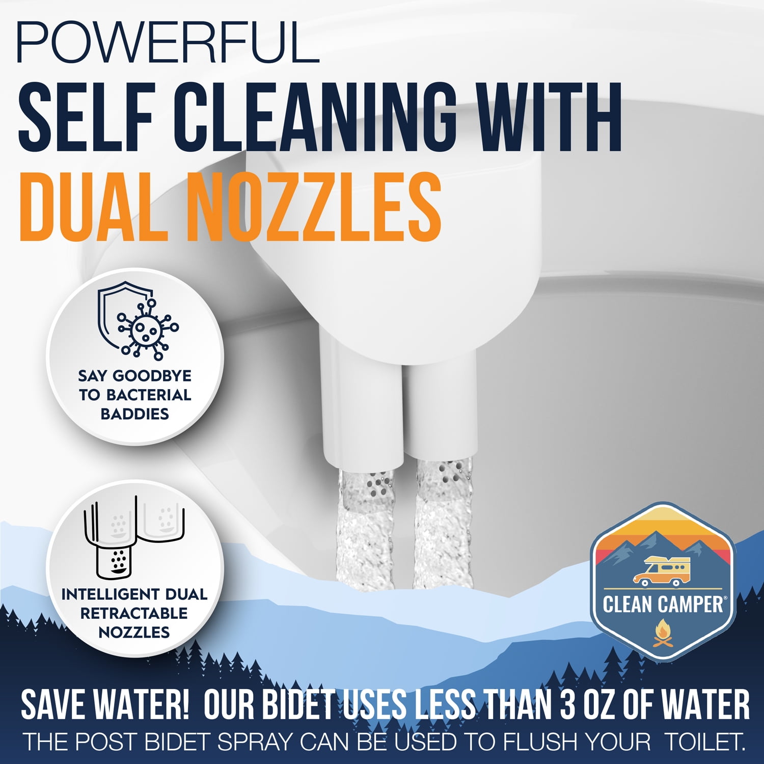 Clean Camper RV Bidet Custom Designed for Thetford V, VI & SeaFlo RV Toilets | Complete Kit w/Easy Installation | Dual, Self- Cleaning Nozzles | Upgrade RV Toilet