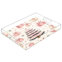 WOBOGO Acrylic Serving Trays 15.7x11.8 Inch Spill Proof Clear Decorative Organizer with Handle Pink Christmas Tree Gift Boxes Pattern