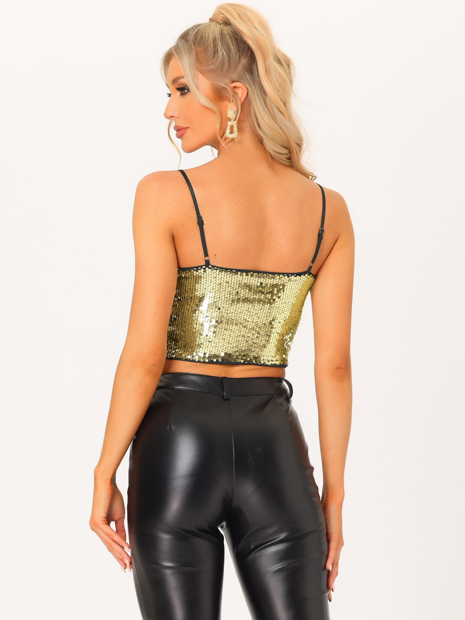 DARING DIVA Women's Spaghetti Strap Sequin Cami Club Party Cropped Tank Tops XS Gold
