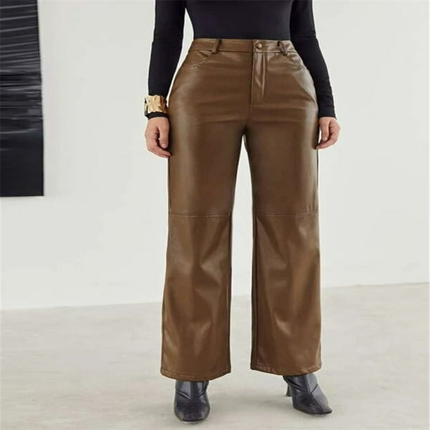Women's Leather Pants Solid Color High Waist Straight Pocket Leather Pants  Ladies Casual Pants Workout Out Trousers 