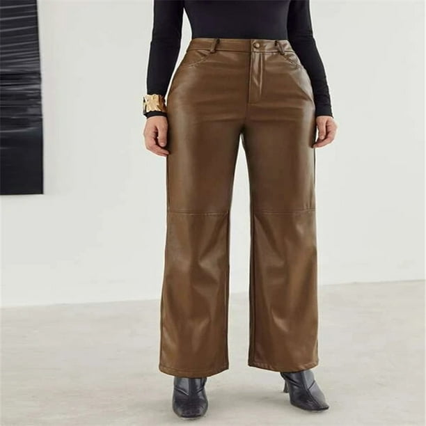 Women s Leather Pants Solid Color High Waist Straight Pocket