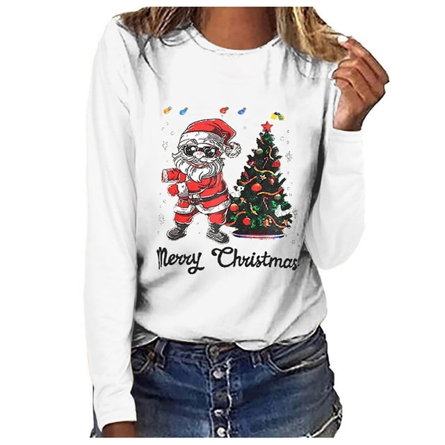 Babysbule Hauts de Noël pour Femmes Joyeux Noël Imprimé Femmes Décontracté Manches Longues Col Rond Chandail en Molleton Chandail Blouse