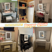 Vabches Vanity Set with Sliding Mirror and Lights Makeup Table with 3 Drawers & 2 Cabinets & 5 Shelves, White