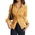 thumbnail image 2 of Women Button Up Shirt Long Sleeve Shirt V Neck Collared Blouse Aesthetic Work Tops Ginger Yellow L, 2 of 7
