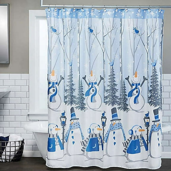 Winter Wonderland Polyester Shower Curtain with 12 Piece Matching Hook Set, Snowman Theme 70"x72"