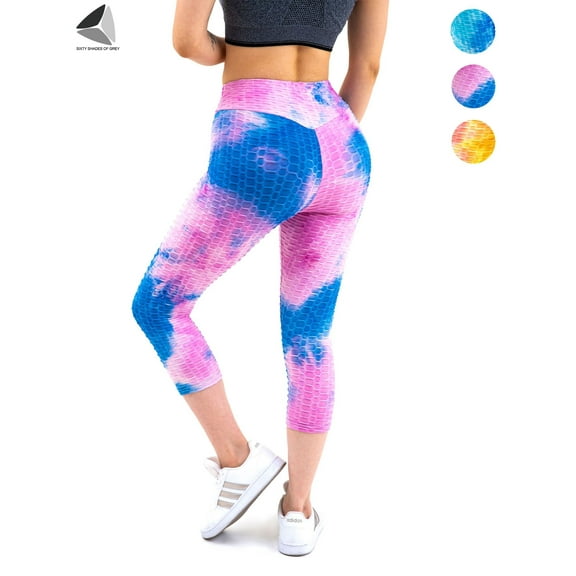 PULLIMORE Womens High Waisted Yoga Capri Pants Tie Dye Butt Lifting Leggings Tummy Control Slimming Textured Booty Leggings (S, Purple)