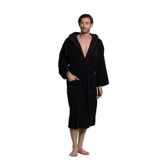 Turkuoise Men's Turkish Terry Cloth Robe, Thick Hooded Bathrobe Black, Large
