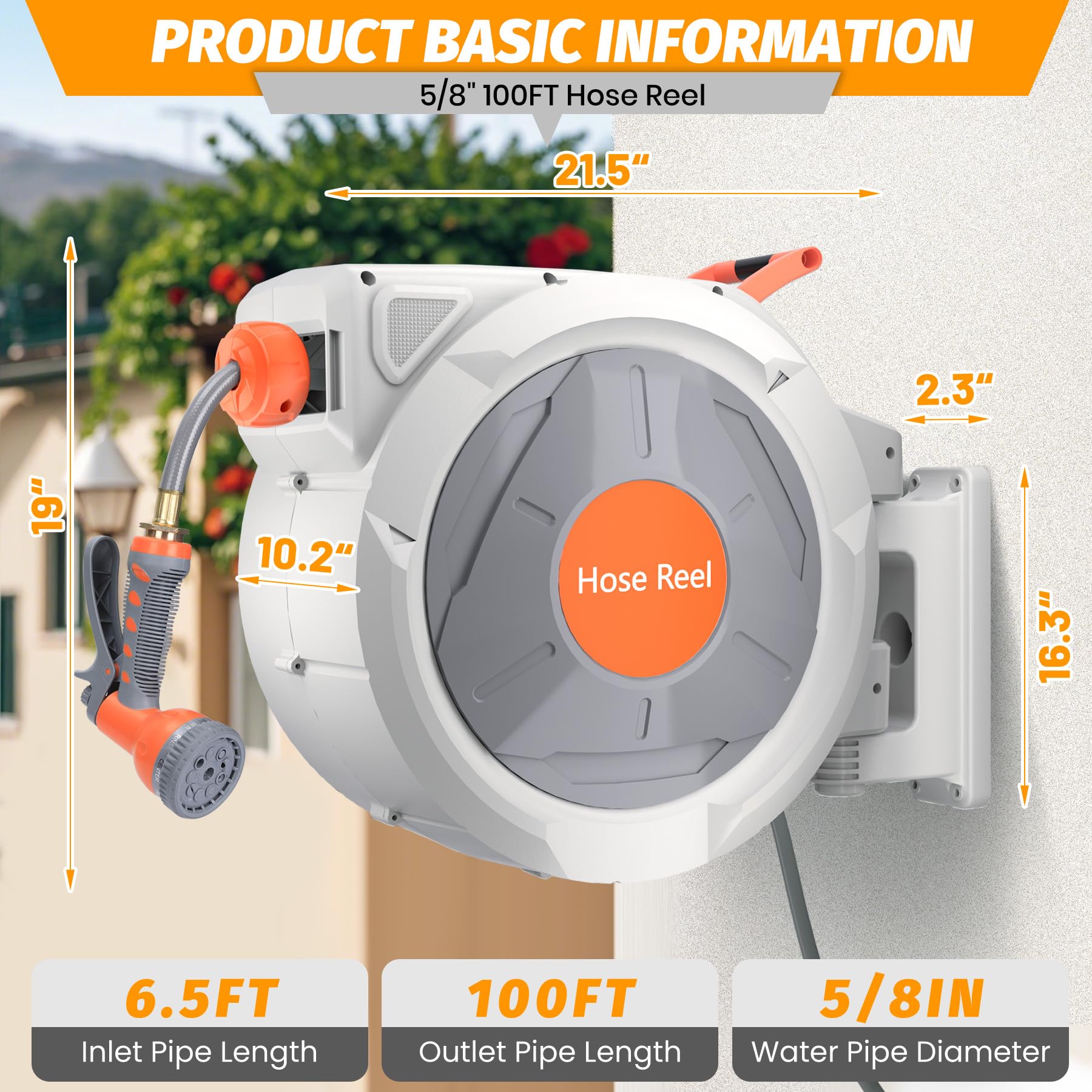 Retractable Garden Hose Reel, with 9 Patterns Nozzle, Any Length Lock, Upgraded Slow Return System and 180°Swivel Bracket, 5/8 Inch x 100 ft Wall Mounted