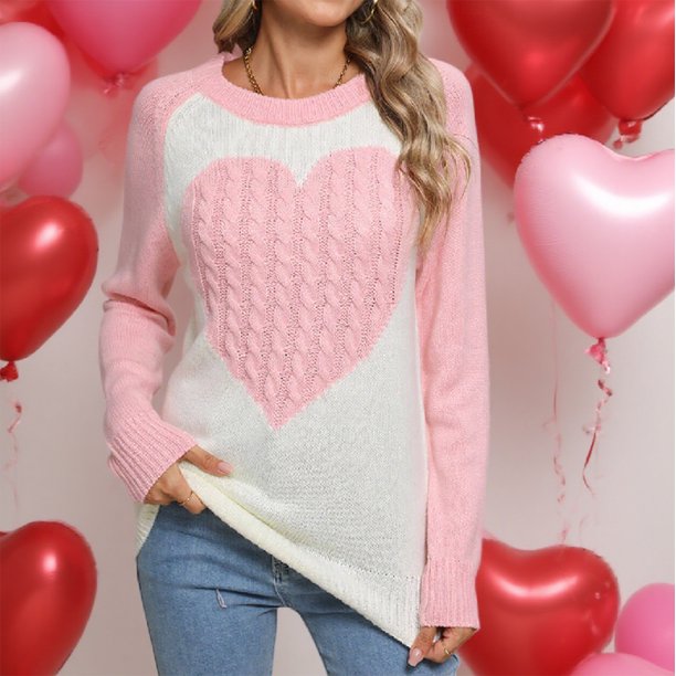 Suéter de cuello redondo para mujer, suéter de punto con cuello redondo para San Valentín, suéter con capucha europeo, top para mujer