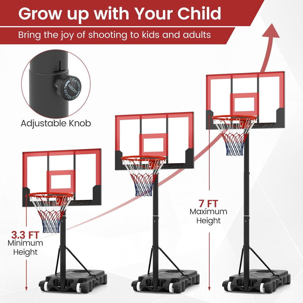 Barara King Basketball Goals Systems Stand with 3.3-7 Feet Portable Adjustable Height, Basketball Hoop Stand for Kids, Indoor, Outdoor, Gym, Red