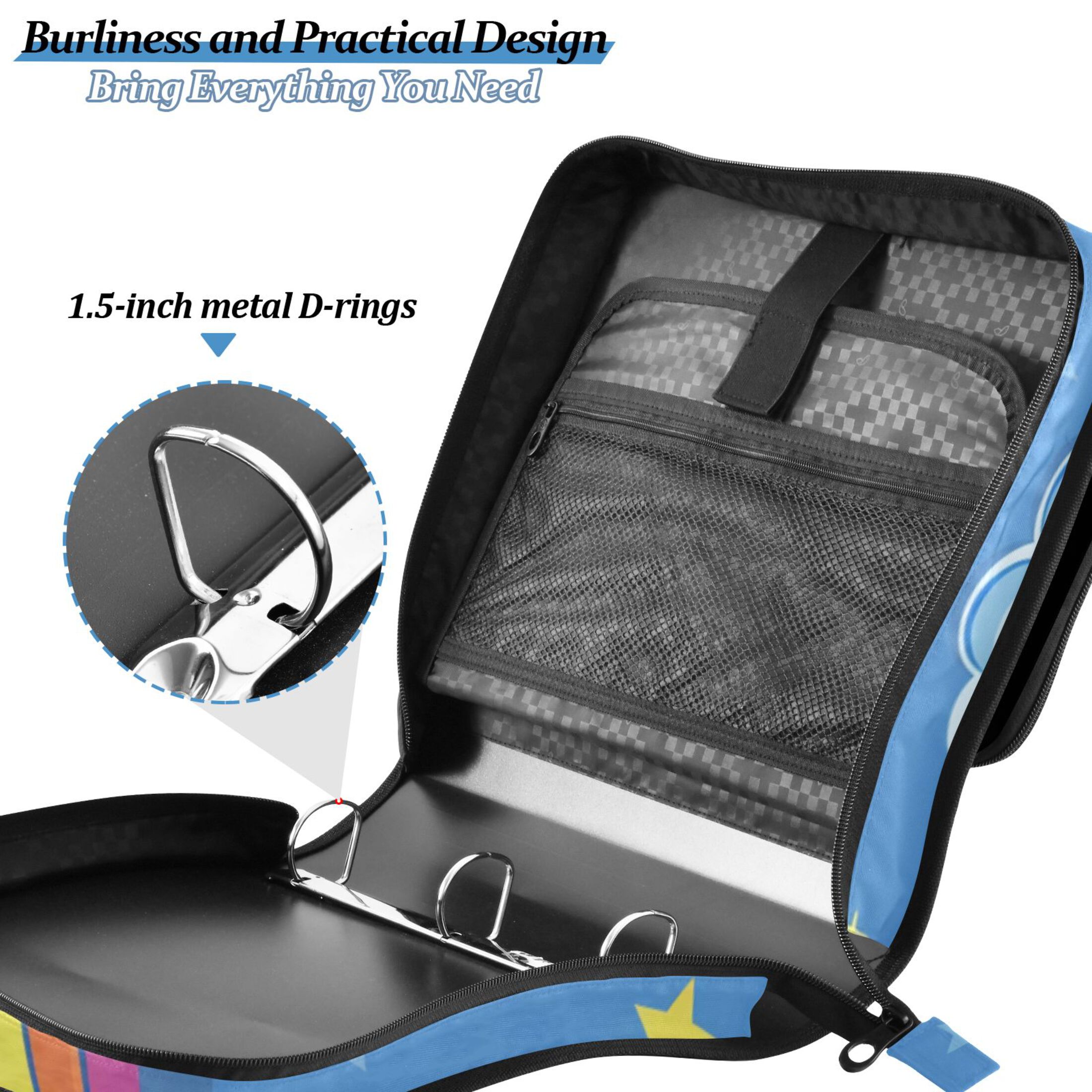 3 Ring Zipper Binder with Shoulder Strap Waterproof Trapper Keeper 2 Inch D-Ring 500 Sheets Capacity Cute Rainbow and Cloud