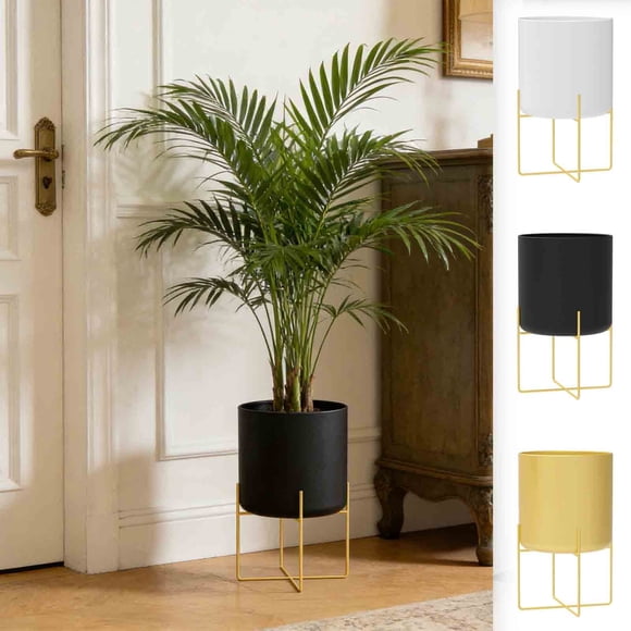 Bowayaoa Decorative Floor Planters with Stand, Metal Plant Pots with Drainage Holes, Tall Indoor Plant Stand for Living Room, Modern Large Planter for Plants, Gold Flower Pot Stand for Balcony