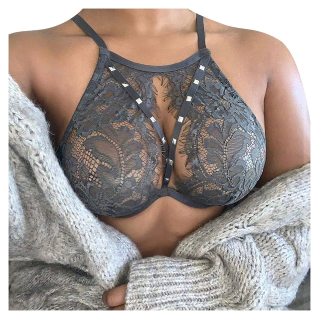 WZXFASHION Women's Solid Color Hollow Lace Sexy Lingerie Intimates Grey XL