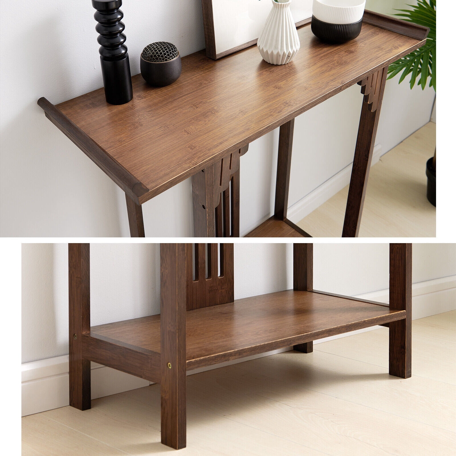 Vintage 40" Console Table, 2-Tier Bamboo Sofa Table, Entry Storage Sofa End Table Entryway Table Hallway Table 100LBS Load-Bearing for Entryway Living Room (Black Brown)