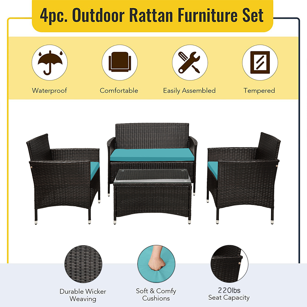 4-Piece Patio Furniture Sets in Patio & Garden, Outdoor Wicker Sofa PE Rattan Chair Garden Conversation Set for Backyard with Two Single Sofa, One Loveseat, Tempered Glass Table, Q16404 - image 4 of 11