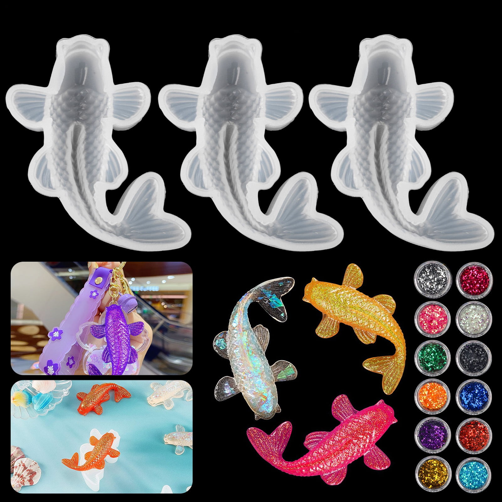 3Pcs Koi Fish Silicone Resin Molds, PASEO Japanese Carp Goldfish DIY Silicone Resin Mould Fish Fondant Epoxy Mold with Twelve Color Sequins for DIY Pendant Charms Jewelry Making