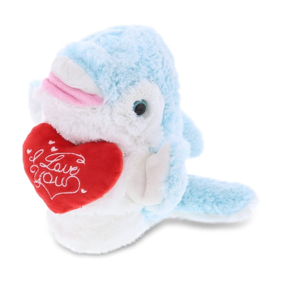 DolliBu I LOVE YOU Dolphin Soft Plush Hand Puppet - Cute Stuffed Animal with Heart And With Name Personalization For Valentine, Anniversary, Romantic Date, Boyfriend, & Girlfriend Gift - 13"