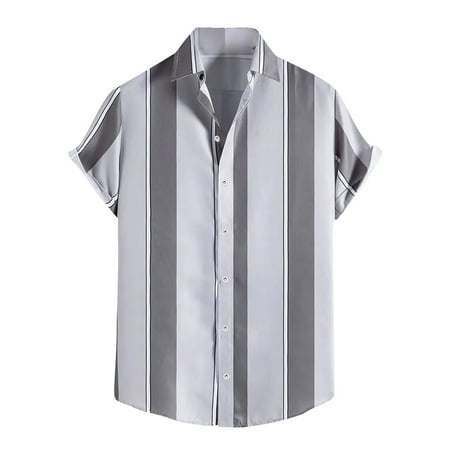 UVEASISHA Mens Bowling Shirts Big and Tall Men s Short Sleeve Button Down Striped Shirts Hawaiian Casual Colorblock Print Beach Shirt Summer Top 2025 Gray L