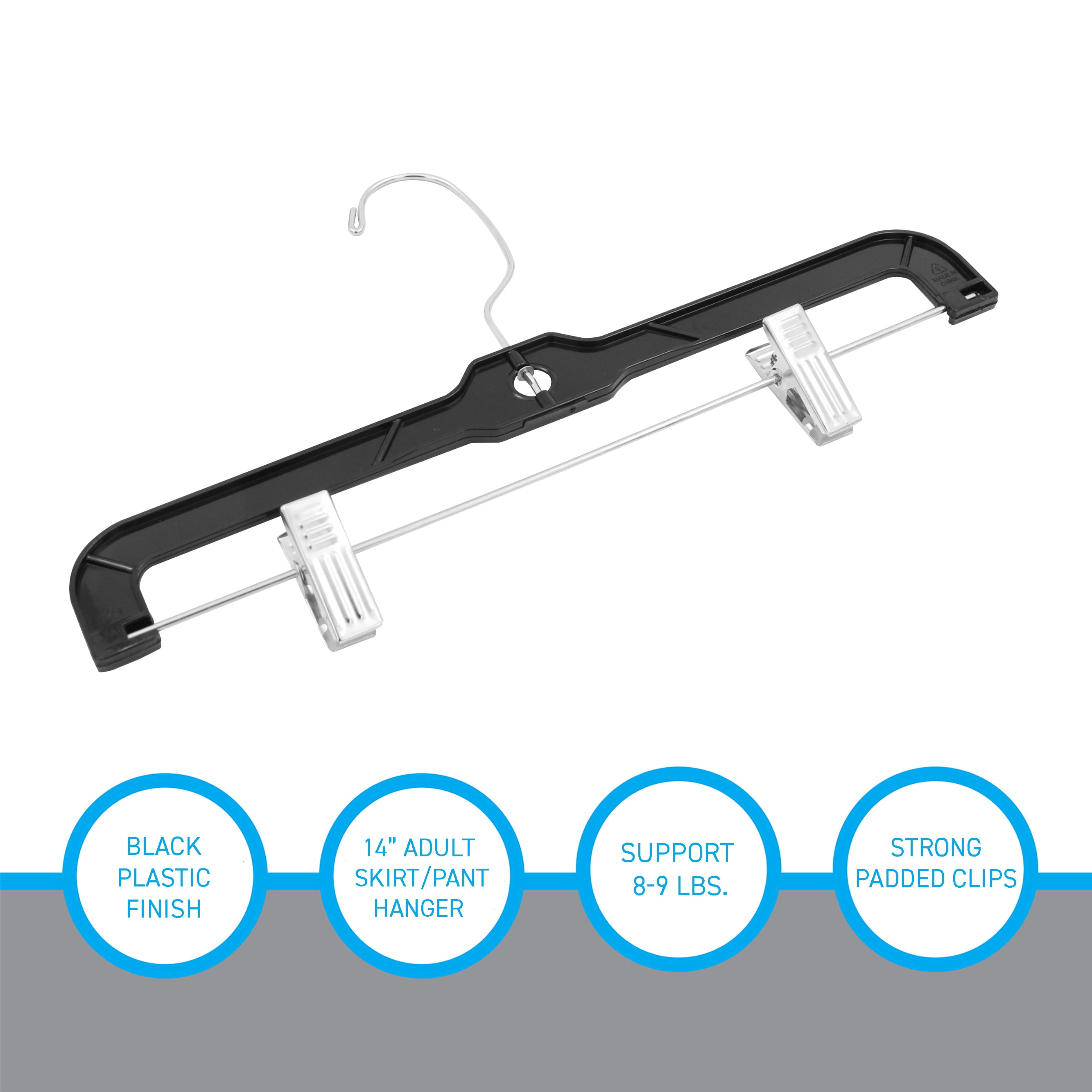 SSWBasics 14-Inch Black Plastic Skirt and Pants Hangers - Pack of 20 with Chrome Swivel Hook  Padded Clips - Perfect for Retail and Home Use  Holds Up To 6 Pounds