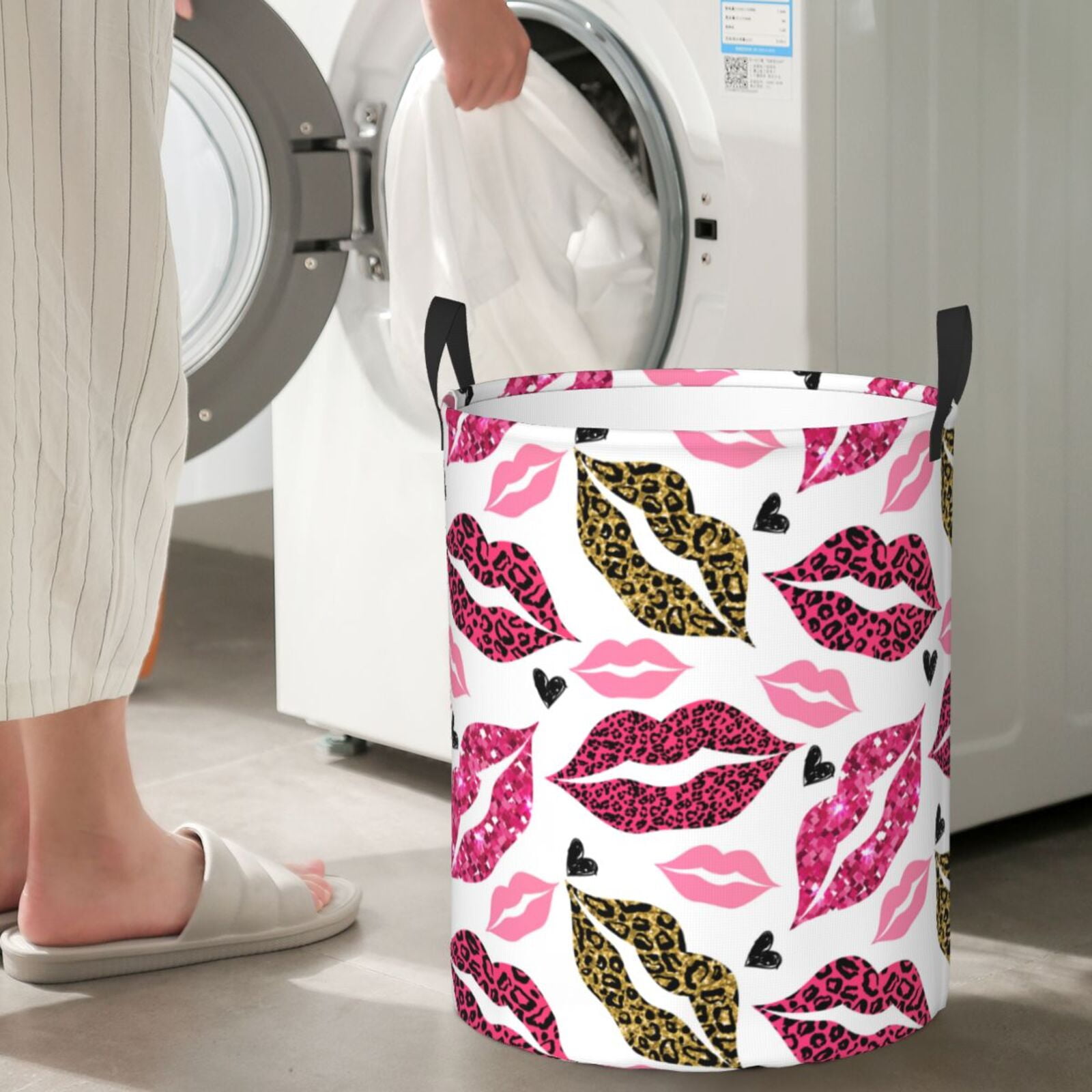 Large Laundry Basket with Handles - fashion Glitter Leopard lips Kids Baby Dirty Clothes Laundry Hamper for Bedroom Aesthetic