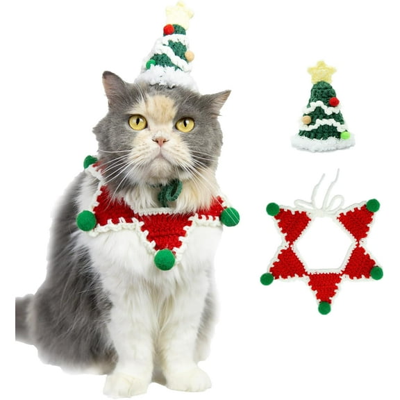 Christmas Cat Costume, Handmade Christmas Dog Outfit with Christmas Tree Cat Hat, Knitted Cat Bandana, Adjustable Fit Five-Pointed Star Dog Clothes, Christams Gifts for Dogs and Cats