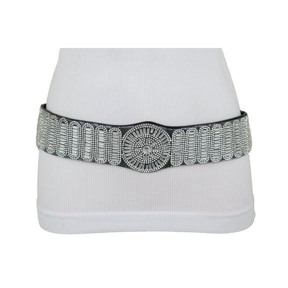 Women Black Elastic Band Fashion Belt Bling Silver Circle M L