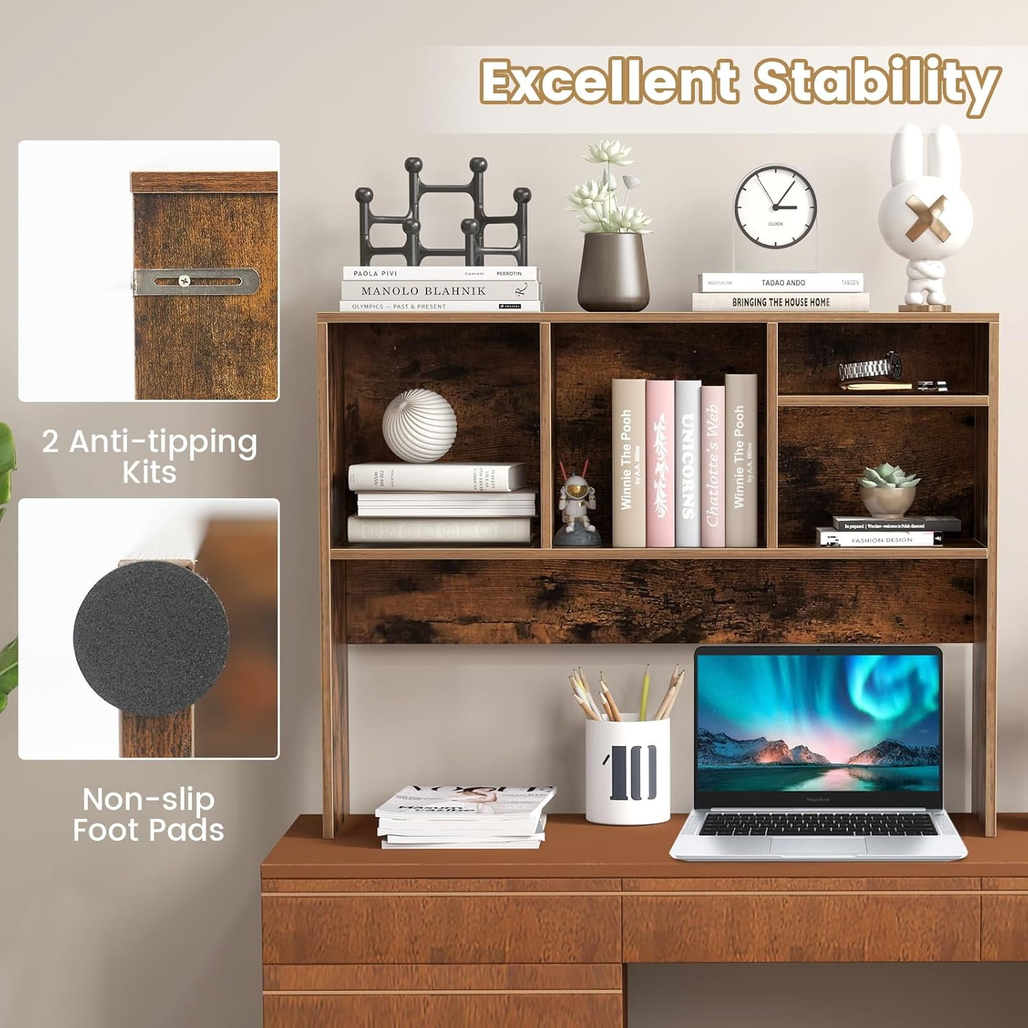 CRXX Desktop Bookshelf, Countertop Storage Hutch with 4 Shelves for Computer Desk, Dressing Tabletop Display Rack, Multipurpose Desk Hutch Storage Organizer for Home Office Dorm (Rustic Brown)