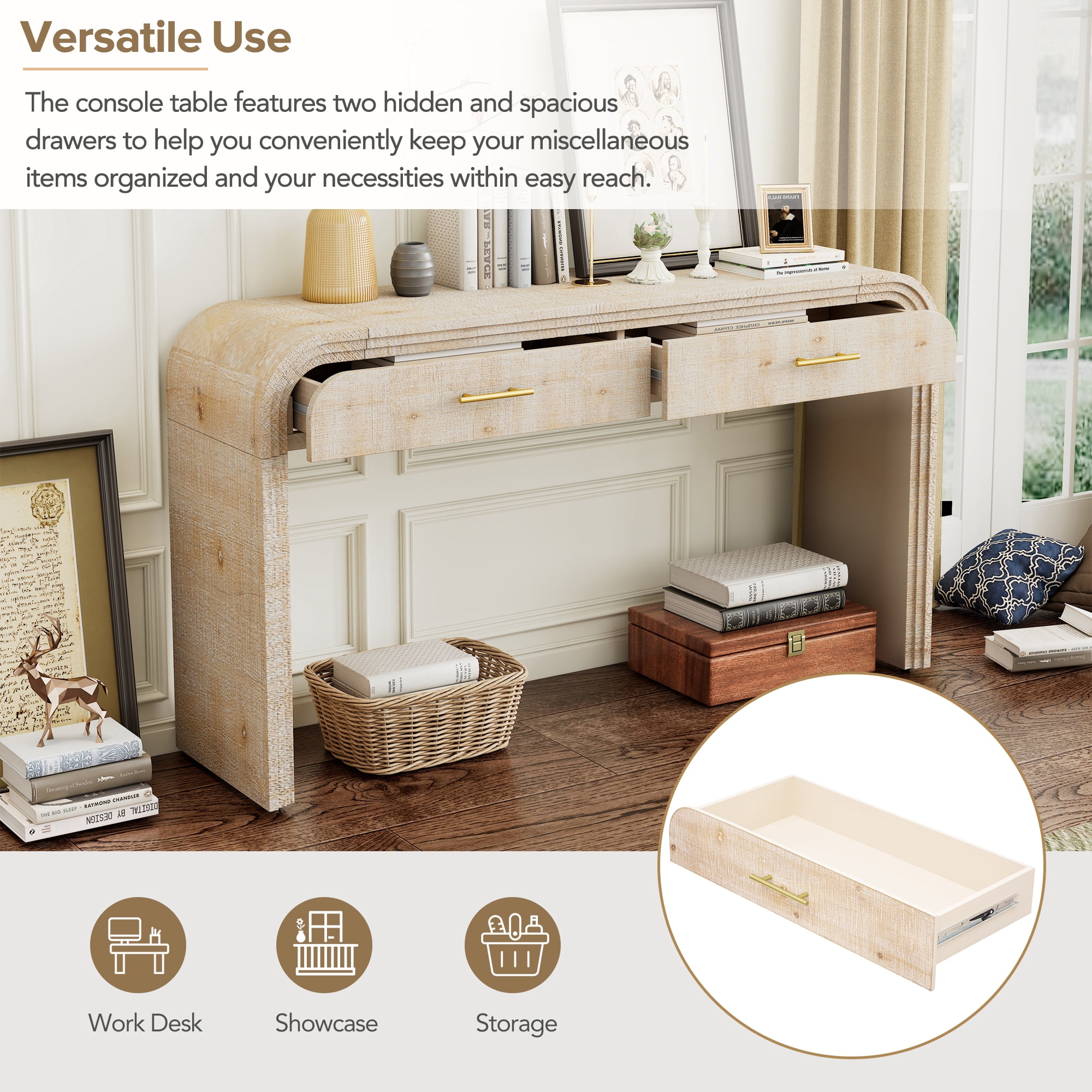 EUROCO 59" Console Table,Entryway Console Table with 2 Top Drawers and Open Style Design,Narrow Long Wood Sofa Table for Entrance, Living Room,Natural