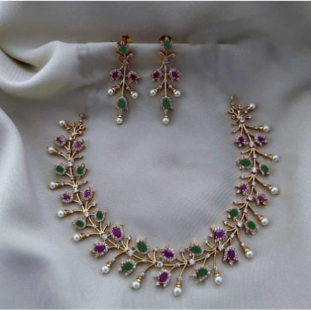 Gold Bridal Jewelry Set | Pearl and Crystal Wedding Necklace with Purple Green Swarovski Stones and CZ Pearl Earrings