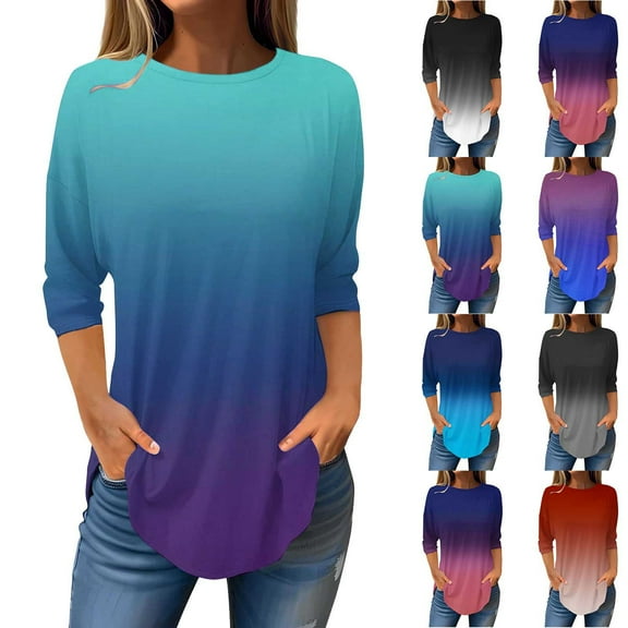 Ahuyic Womens Plus Size Top, Casual 3/4 Sleeve Blouse For Autumns And Winter, Womens Fashion 3/4 Sleeve Round Neck Top Loose Blouse For Women