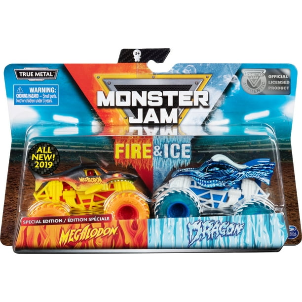 Monster Jam, Fire & Ice 2 Pack, Megalodon vs. Dragon Monster Truck, Die ...