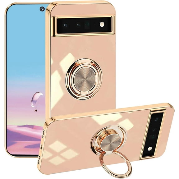 Per Google Pixel 6A Case with Ring Holder Pink, Aesthetic Google Pixel 6A Phone Case Silicone Soft TPU Slim Cover Shockproof with Kickstand (Pink)