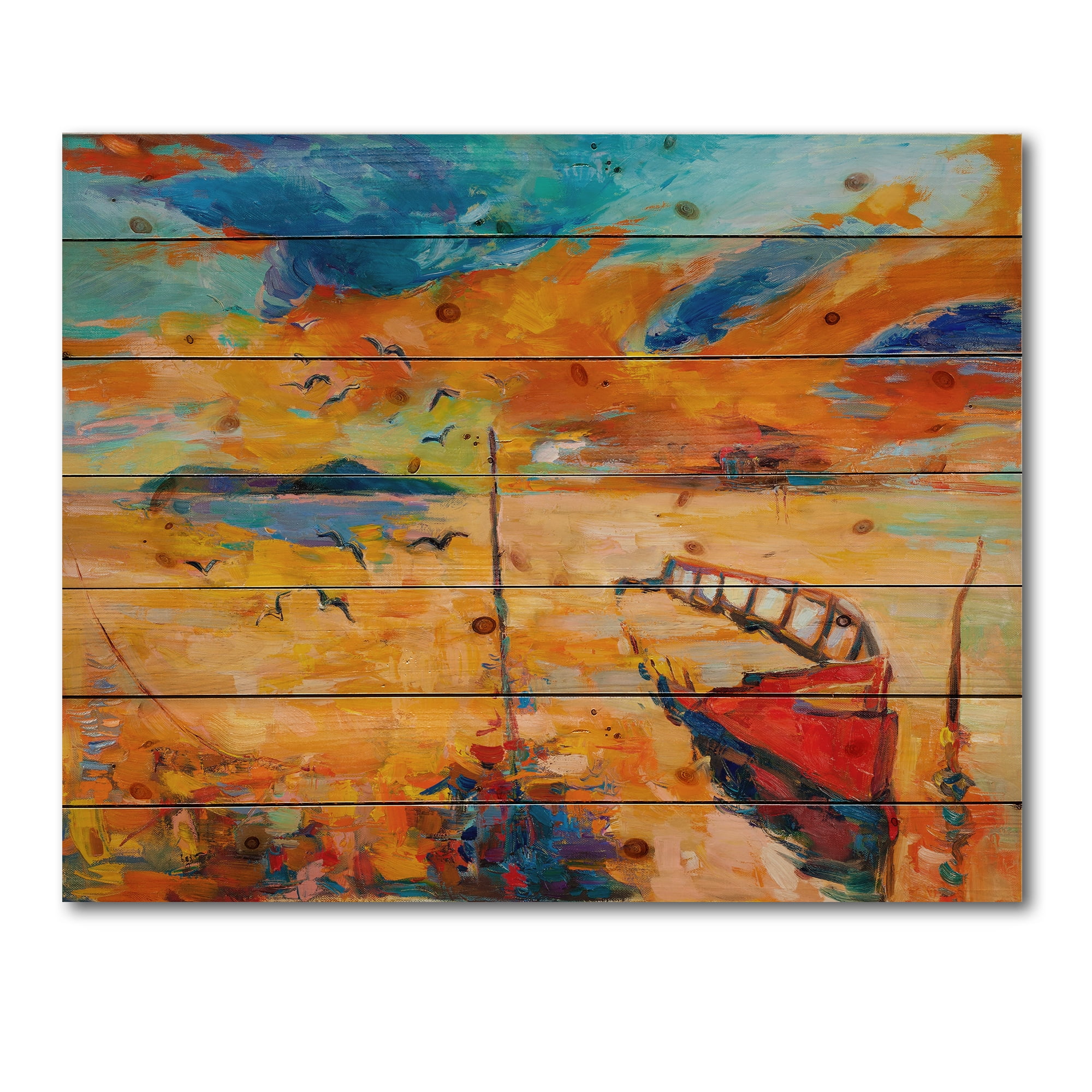 Designart 'Boat At The Lake During Evening Glow VIII' Nautical & Coastal Print on Natural Pine Wood