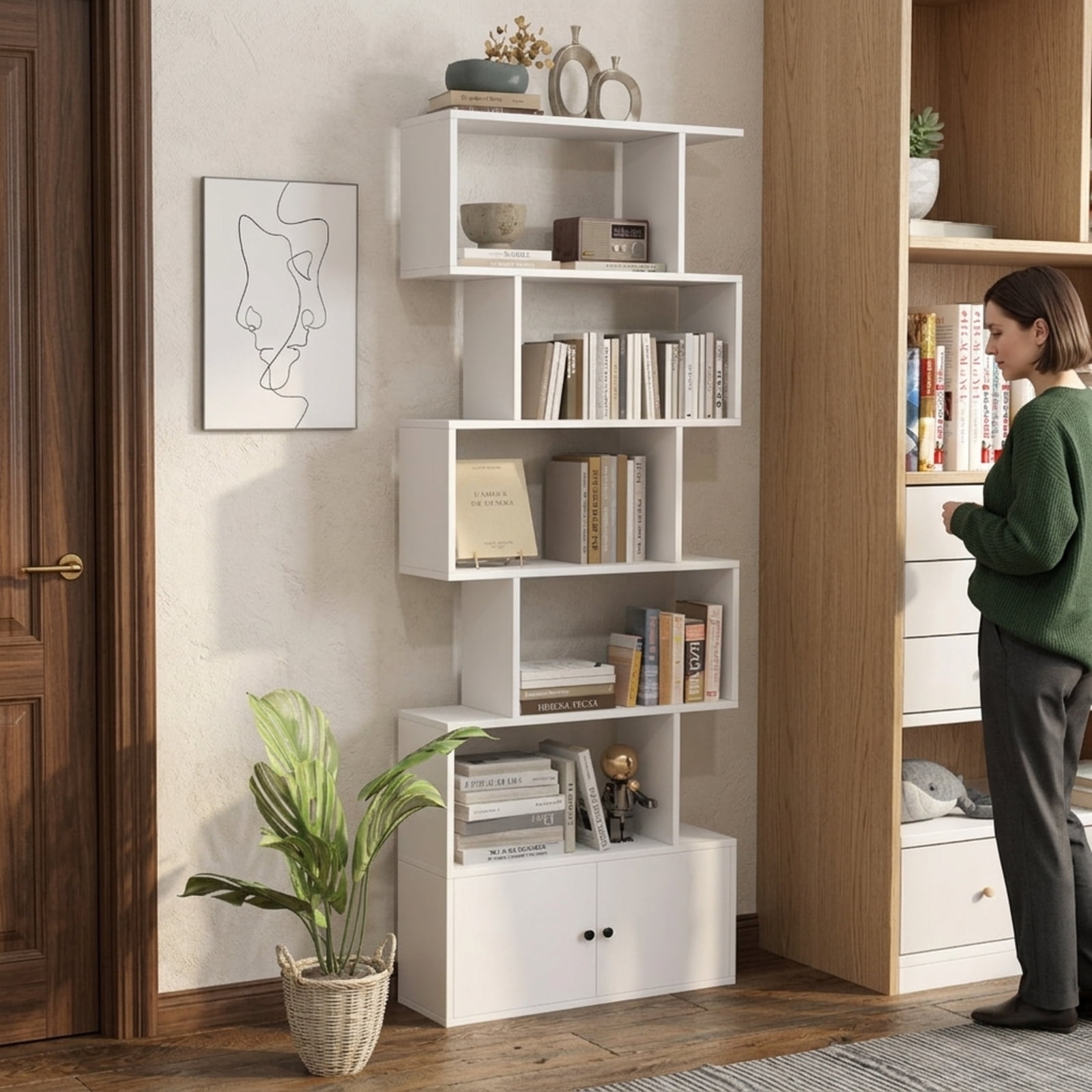 Furnibear 6-Tier S-Shaped Freestanding Bookshelf with 5 Open Shelves and Closed Cabinet Tall Wood Storage for Living Room and Office, White