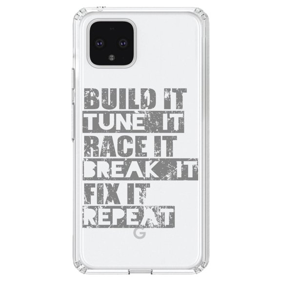 DistinctInk Clear Shockproof Hybrid Case for Google Pixel 4 (6.1" Screen) - TPU Bumper Acrylic Back Tempered Glass Screen Protector - Build It Tune Race Break Fix Repeat