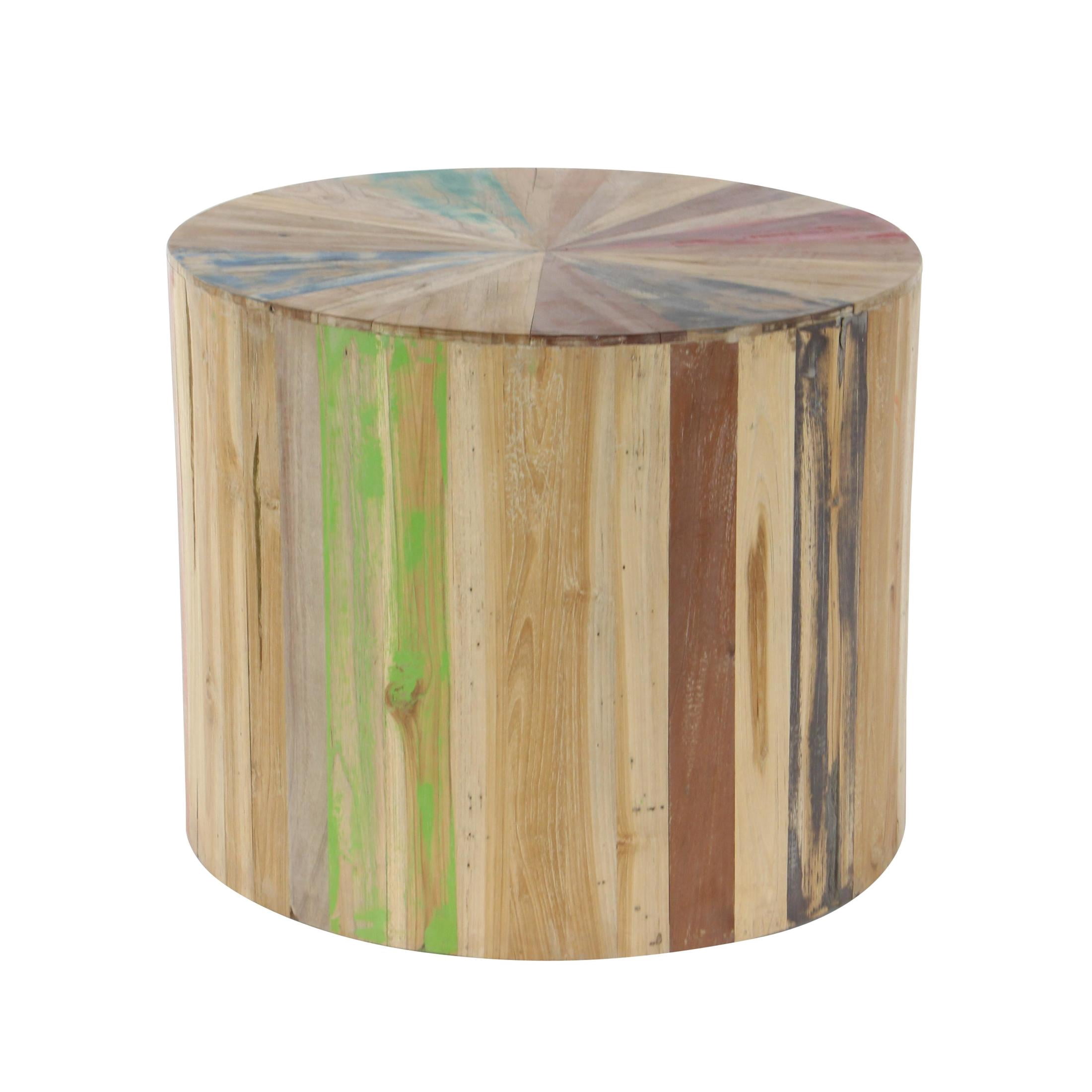 DecMode 22" x 18" Brown Reclaimed Wood Handmade Pinwheel Drum Starburst Accent Table with Colorful Painted Accents, 1-Piece