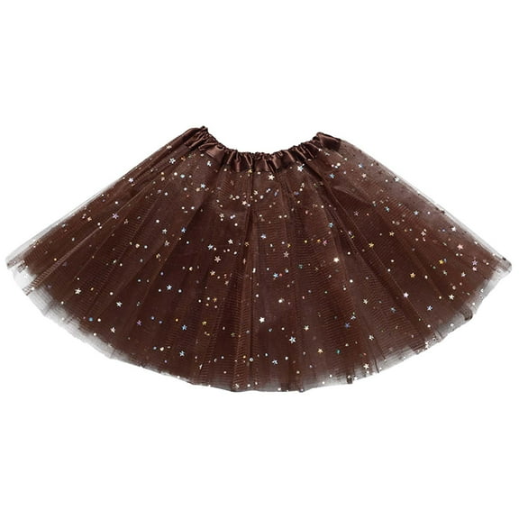 WREESH Kid Girls Short Skirt Cute Party Dance Solid Color Net Yarn Sequins Star Tulle Skirt Brown