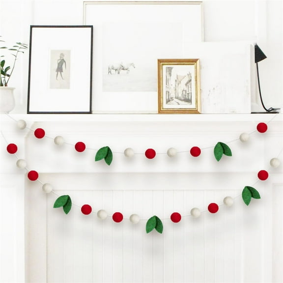 Triani 3Pcs Christmas Felt Ball & Leaf Garland 8.4Ft Red White Green Prestrung Christmas Pompom Balls Garlands for Wall Home Party Decor Hanging Ornaments ((Red White Leaves)
