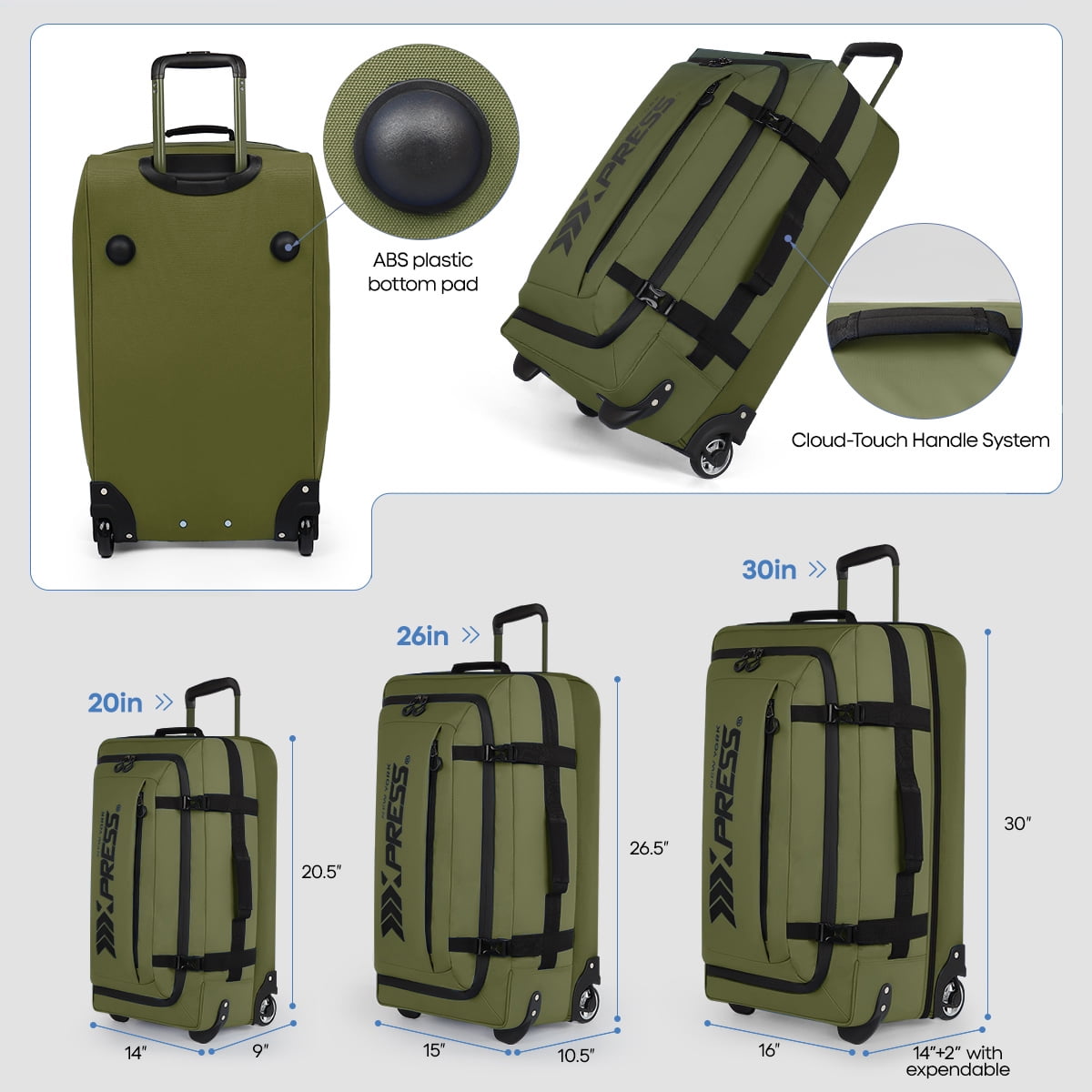 3 Piece Softside Luggage Set, Expandable Suitcases with Wheels, Heavy-Duty Waterproof Travel Bags, 20/26/30 in, Army Green - TA069