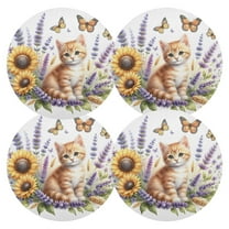 Ryvnso Cat on Lavender Flowers Round Plate Mats Dining Table Placemat Set of 4 for Holiday Decoration